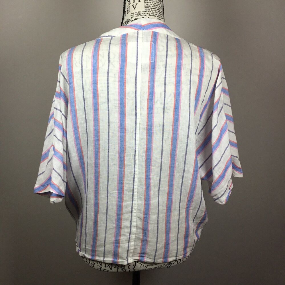 Beachy gauzy tie front button down shirt blue white stripes coastal grandma M - Picture 4 of 5